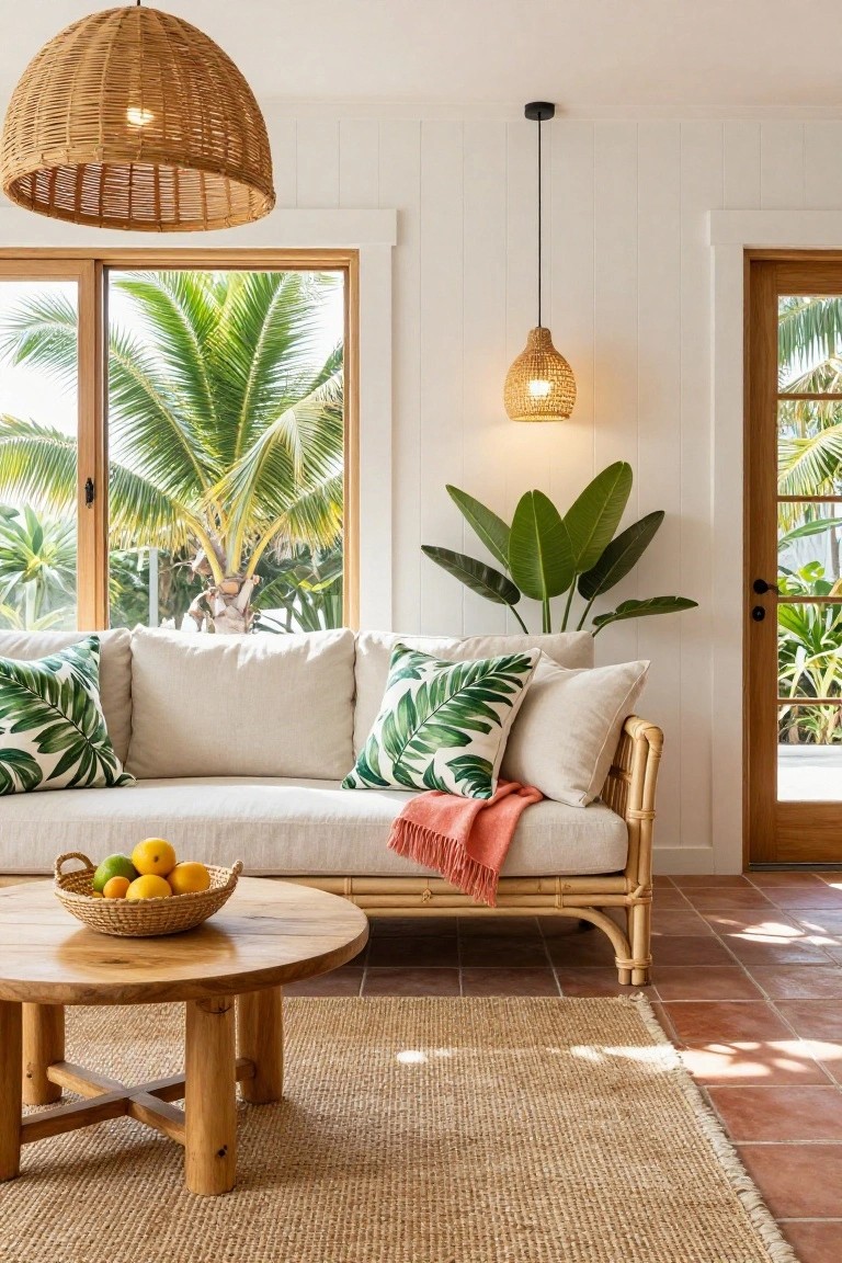 Bright living room with beige linen sofa on rattan frame accented by green palm leaf pillows and orange throw, round wooden coffee table with woven basket of fruit, two basket pendant lights, potted monstera plant, large wood-framed windows overlooking palm trees, white shiplap walls, seagrass rug, terracotta tile floor.
