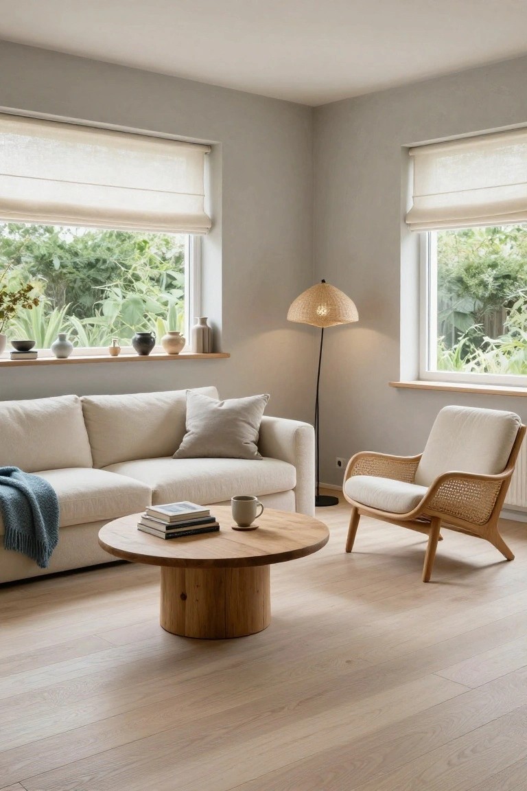 Corner of a neutral living room featuring a white sofa with blue throw, round wooden coffee table, rattan armchair, potted plants on windowsill, tall floor lamp, and sheer blinds on two large windows overlooking lush green foliage, light oak flooring.