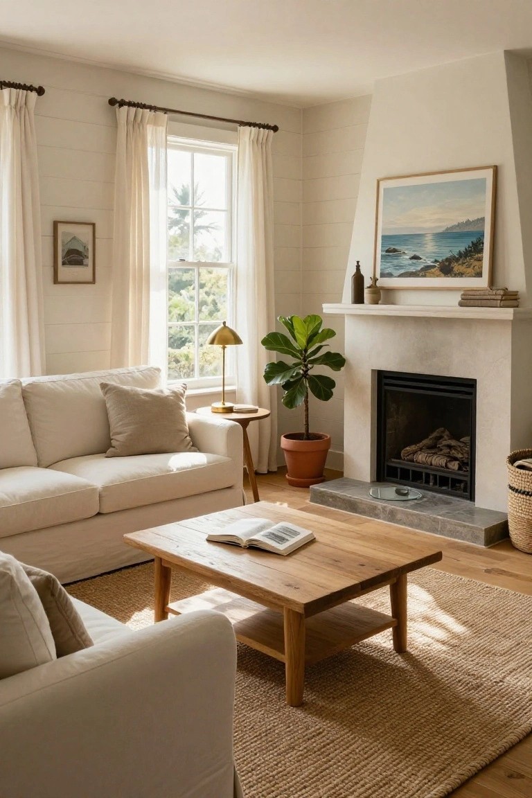 Sunlit living room with cream sofa, wooden coffee table on jute rug, fiddle leaf fig plant beside white stone fireplace, sheer curtains on large windows, and neutral walls with coastal artwork.