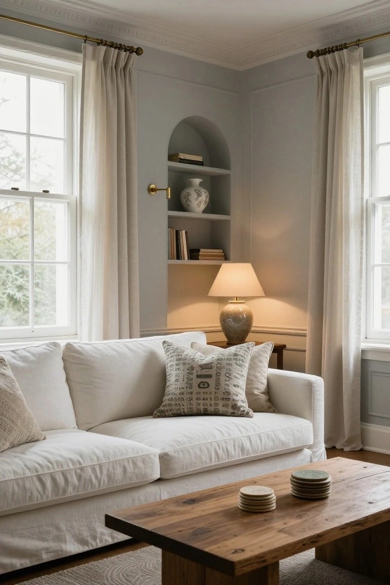 Corner of a living room with pale gray walls, tall sash windows covered in sheer white linen curtains, a white slipcovered sofa, rustic wooden coffee table with stacked ceramic plates, and an arched niche shelf holding books, a vase, and a lamp.