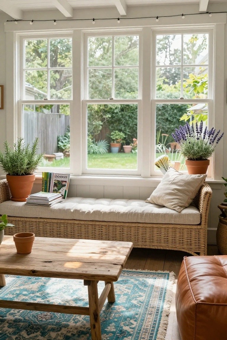 Sunlit interior with cushioned rattan bench under large white triple windows overlooking backyard garden with plants and pots, stacks of books and magazines on bench, potted rosemary plant, rustic wooden coffee table, blue patterned rug, and brown leather pouf nearby.