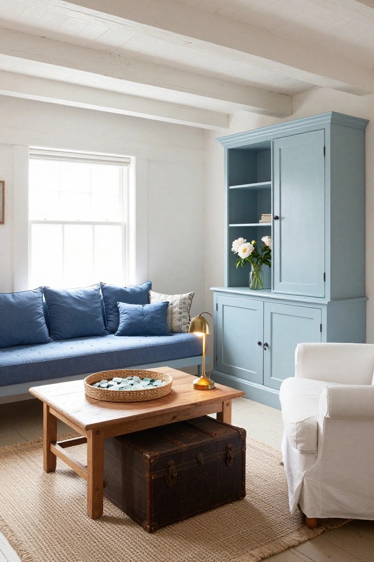 A bright living room with exposed white wooden beams, a blue tufted sofa, blue wooden armoire holding white flowers, wooden coffee table with woven basket and trunk, white slipcovered armchair, and seagrass rug.