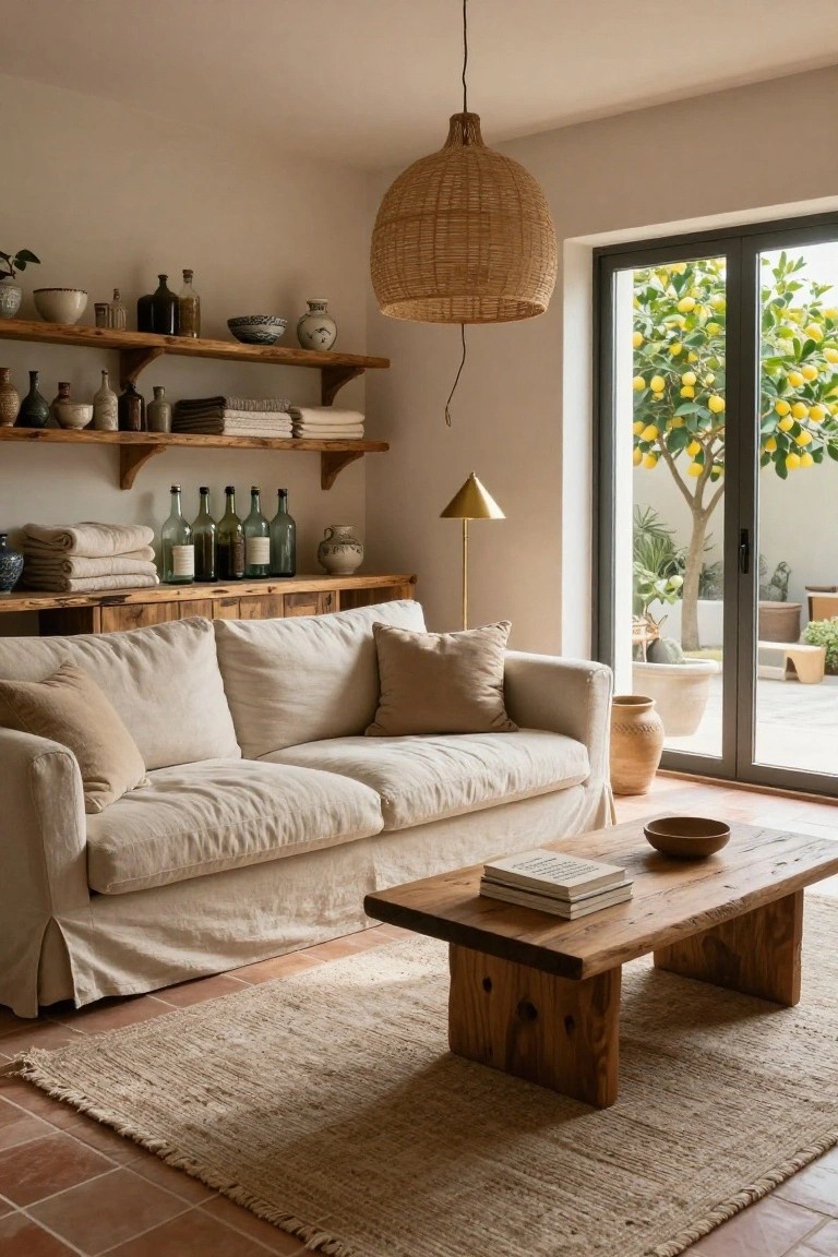 A light beige living room with slipcovered linen sofa, low wooden coffee table, rattan pendant light, wooden shelves holding ceramics bottles and linens, brass floor lamp, and sliding glass doors to garden with lemon tree.