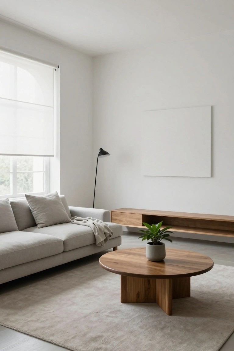 Minimalist living room with light gray L-shaped sofa with pillows and throw, round wooden coffee table on beige rug, wooden media console holding potted plant, black arc floor lamp, large window with sheer roller blind, white walls and square white artwork.