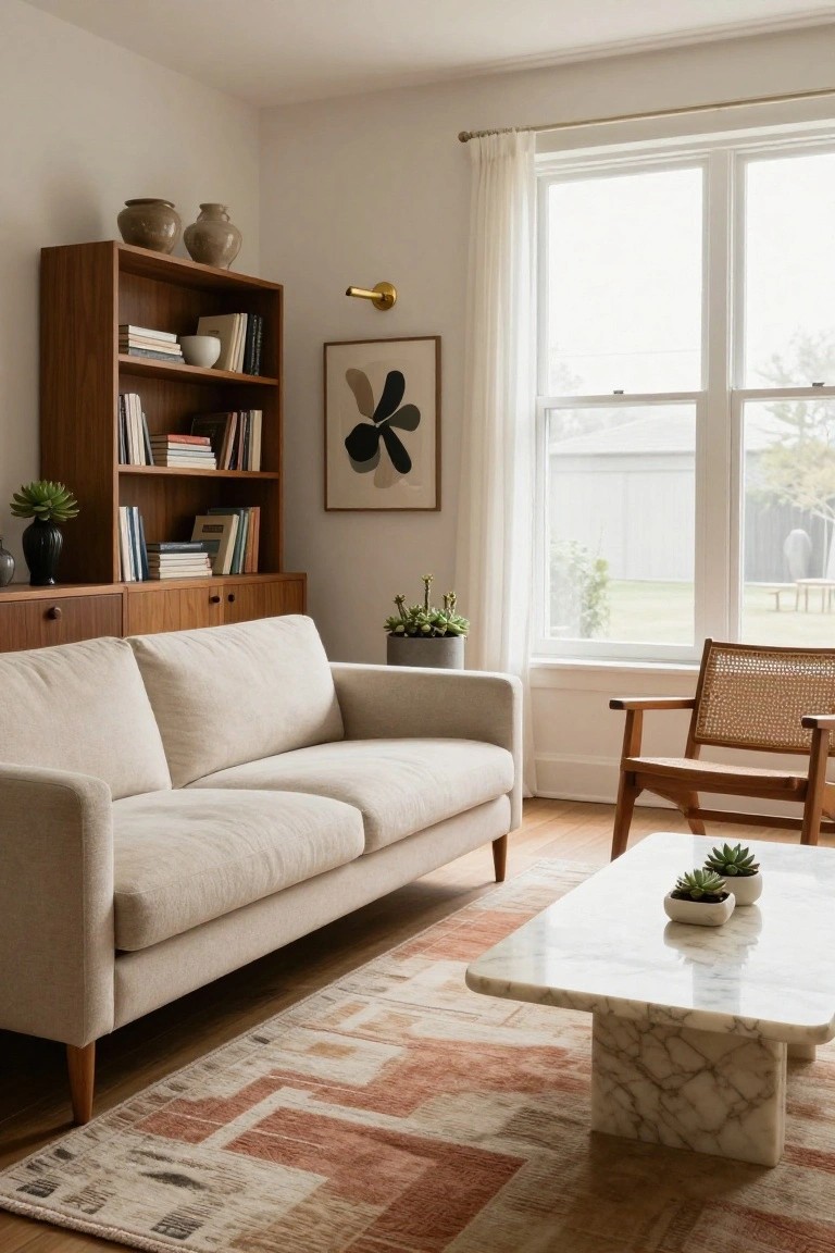 A sunlit living room featuring a cream-colored sofa, wooden bookshelves with books and plants, a rattan armchair, marble coffee table with succulents, terracotta rug, and large windows with sheer curtains overlooking a yard.