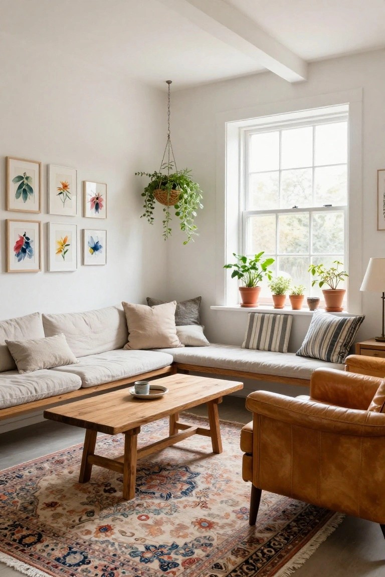 White corner living room with L-shaped linen sofa, low wooden coffee table, tan leather armchair on a colorful patterned rug, multiple potted plants on the windowsill and hanging from the ceiling, botanical prints on the walls, and a pendant light.