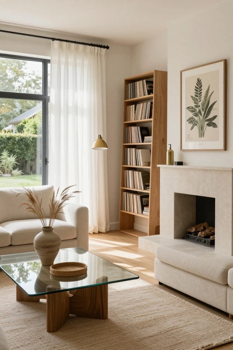 Light-filled living room featuring a cream modular sofa, glass-top wooden coffee table with pampas grass vase, tall wooden bookshelf filled with records and books, minimalist stone fireplace with logs, sheer white curtains on large black-framed windows overlooking a garden, and beige jute rug on light wood floors.