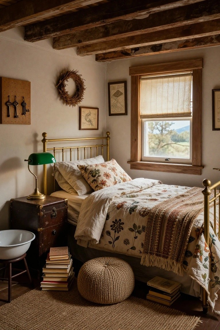 Cozy bedroom with brass bedframe draped in white floral quilt and pillows, vintage suitcase nightstand with green lamp, exposed wooden beam ceiling, woven pouf, and window showing trees and hills.