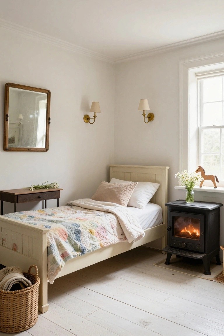 A small white wooden single bed with pink pillows and colorful quilt stands in a white room next to a lit black wood-burning stove, with a wooden horse toy and flowers on the windowsill, vintage mirror on wall, and white floors.
