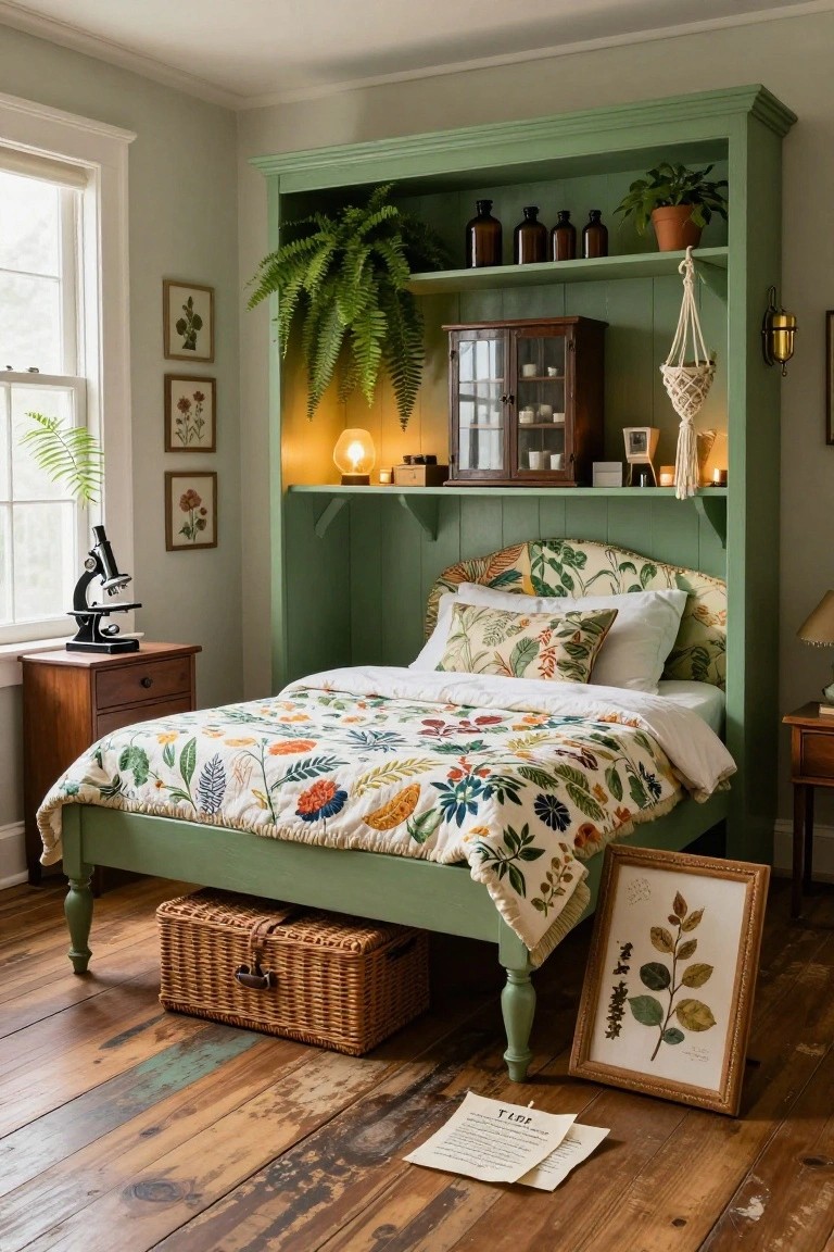 A bedroom with green-painted built-in shelving and cabinetry enclosing a bed covered in a floral quilt, shelves holding plants, glass bottles, and books, a microscope on a wooden side table, botanical prints on walls, and hardwood floors.