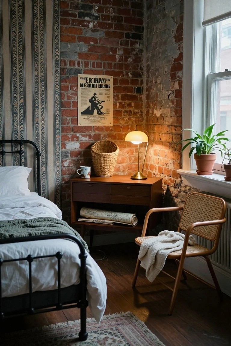 Corner of a bedroom with exposed brick walls, black metal bed with white sheets and green throw, wooden nightstand with brass lamp, white mug, and wicker basket, rattan chair draped with white throw, plants in terracotta pots on windowsill, striped wallpaper, vintage poster, and hardwood floor with rug.