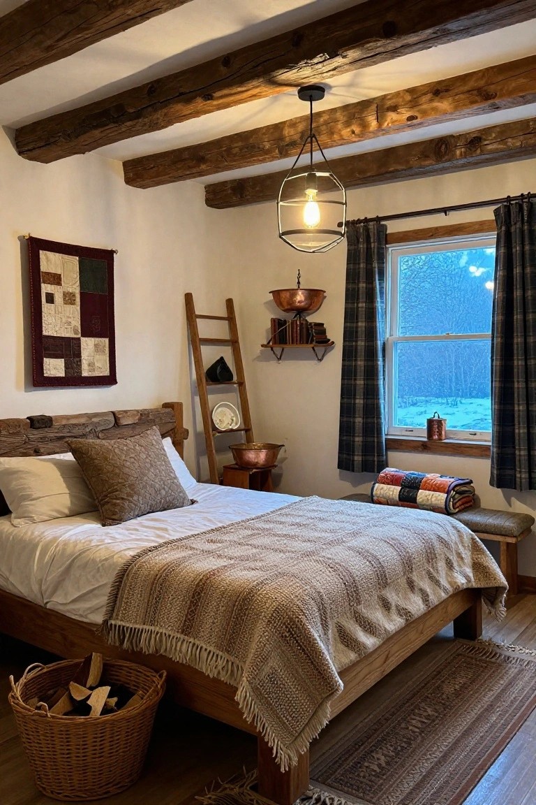 Cozy bedroom with dark exposed wooden ceiling beams, wooden bed frame draped in a textured blanket, wooden ladder shelf holding copper pots, and plaid curtains framing a window with snowy woods outside.