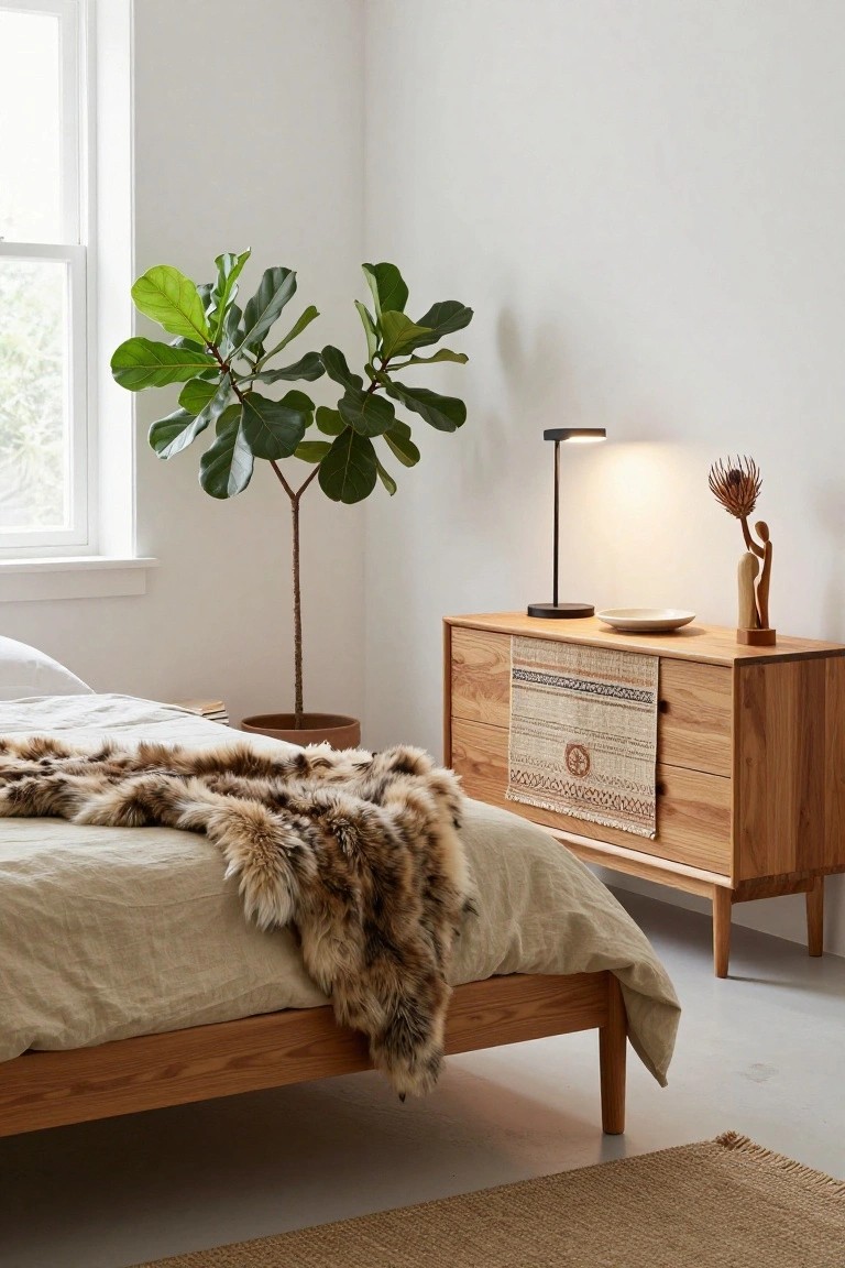 Bedroom corner with low wooden platform bed covered in beige linen sheets and draped with brown fur throw, beside wooden dresser topped with lamp, potted plant, woven runner, plate, and wooden sculptures, near window with green plant.