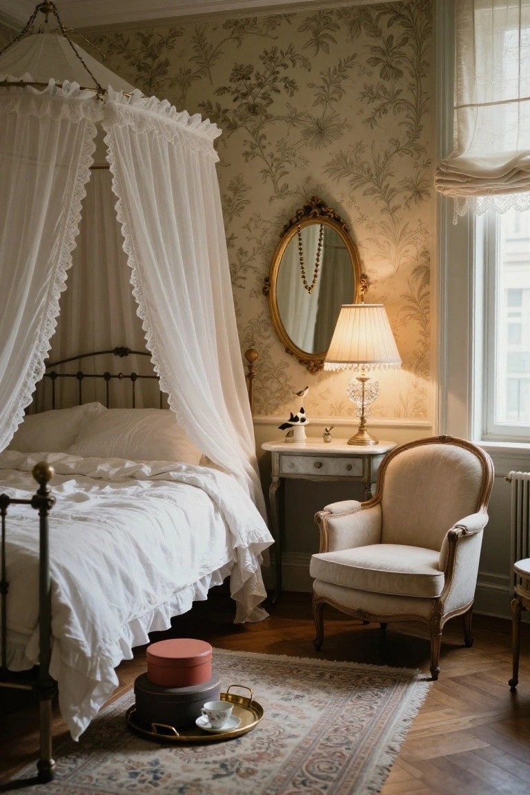 Vintage bedroom interior with a white lace-canopied brass bed, rumpled white bedding, floral beige wallpaper, gold-framed mirror, table lamp, upholstered chair, and Persian rug on parquet floor.