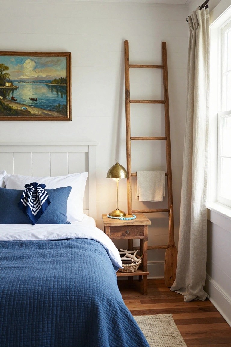 Bedroom with white shiplap walls, tall wooden ladder holding towels next to the bed, blue quilted bedding, brass lamp on wooden nightstand with shells and oar, and nautical landscape painting.