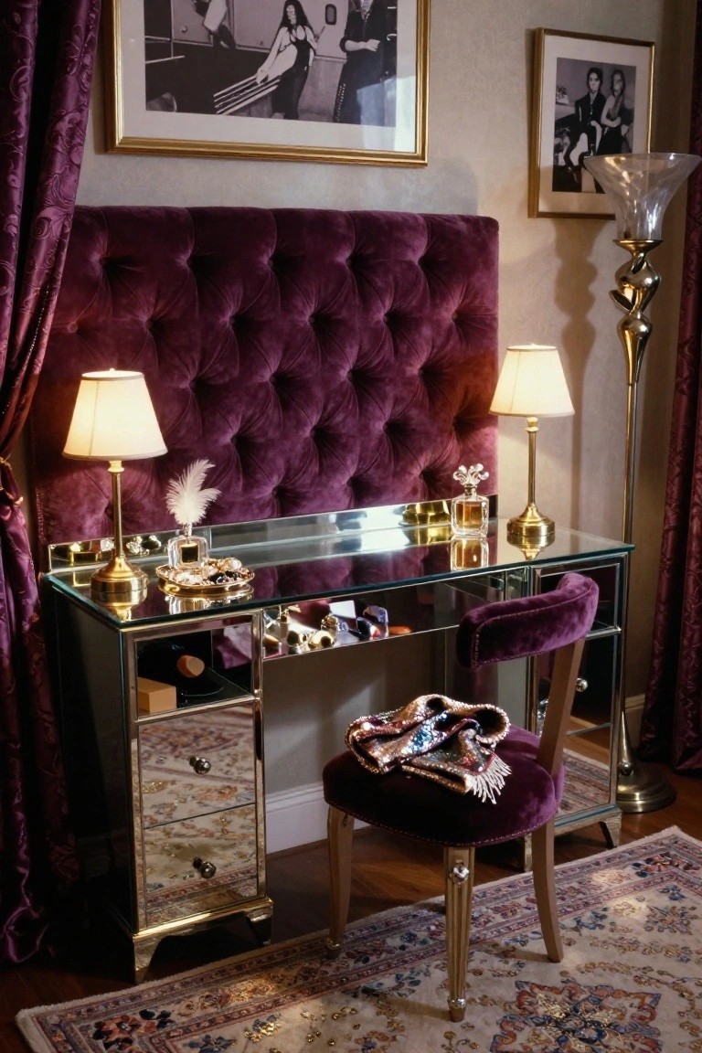 Bedroom vanity area with purple tufted velvet wall behind a glass and mirrored desk, purple velvet chair, two table lamps, perfume bottle, jewelry tray, and decorative items on a Persian-style rug.