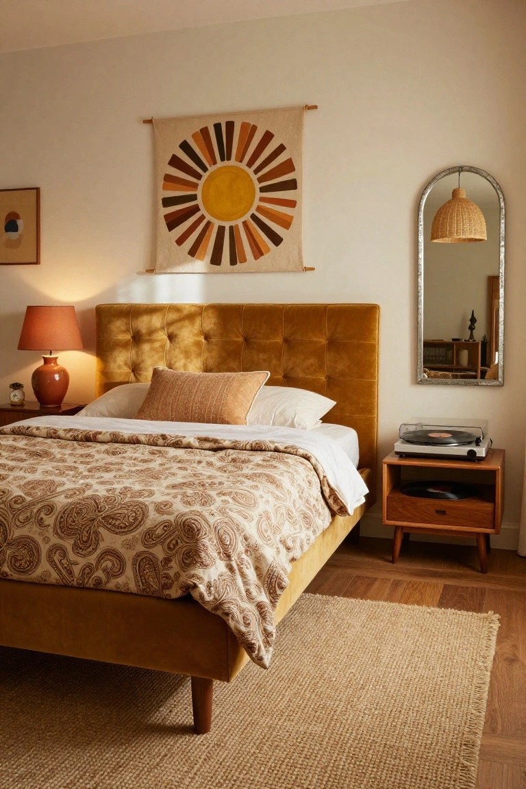 Bedroom with mustard tufted velvet headboard, orange paisley bedspread, large striped sun tapestry on wall, record player on wooden nightstand, rattan-shaded lamp in arched metal mirror, and beige rug on wood floor.