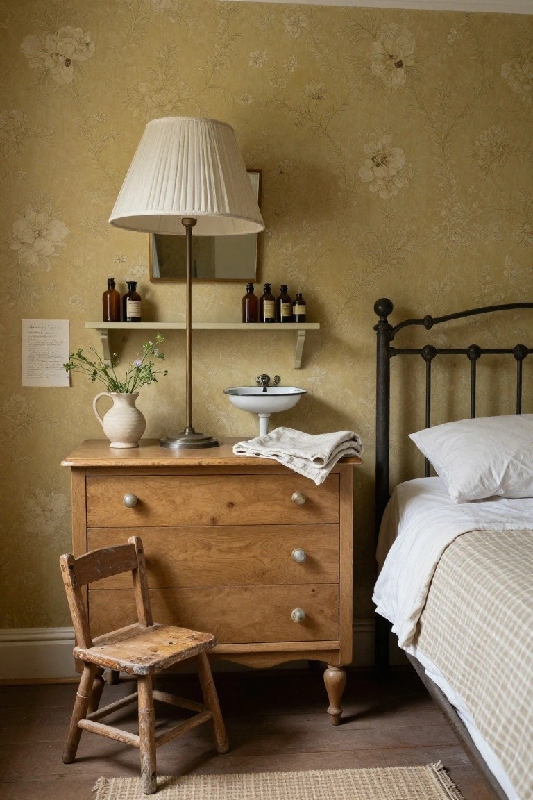 Vintage bedroom corner with yellow floral wallpaper, wooden dresser topped with linens and vase, small wooden child's chair beside it, iron bed, and wall-mounted porcelain basin.