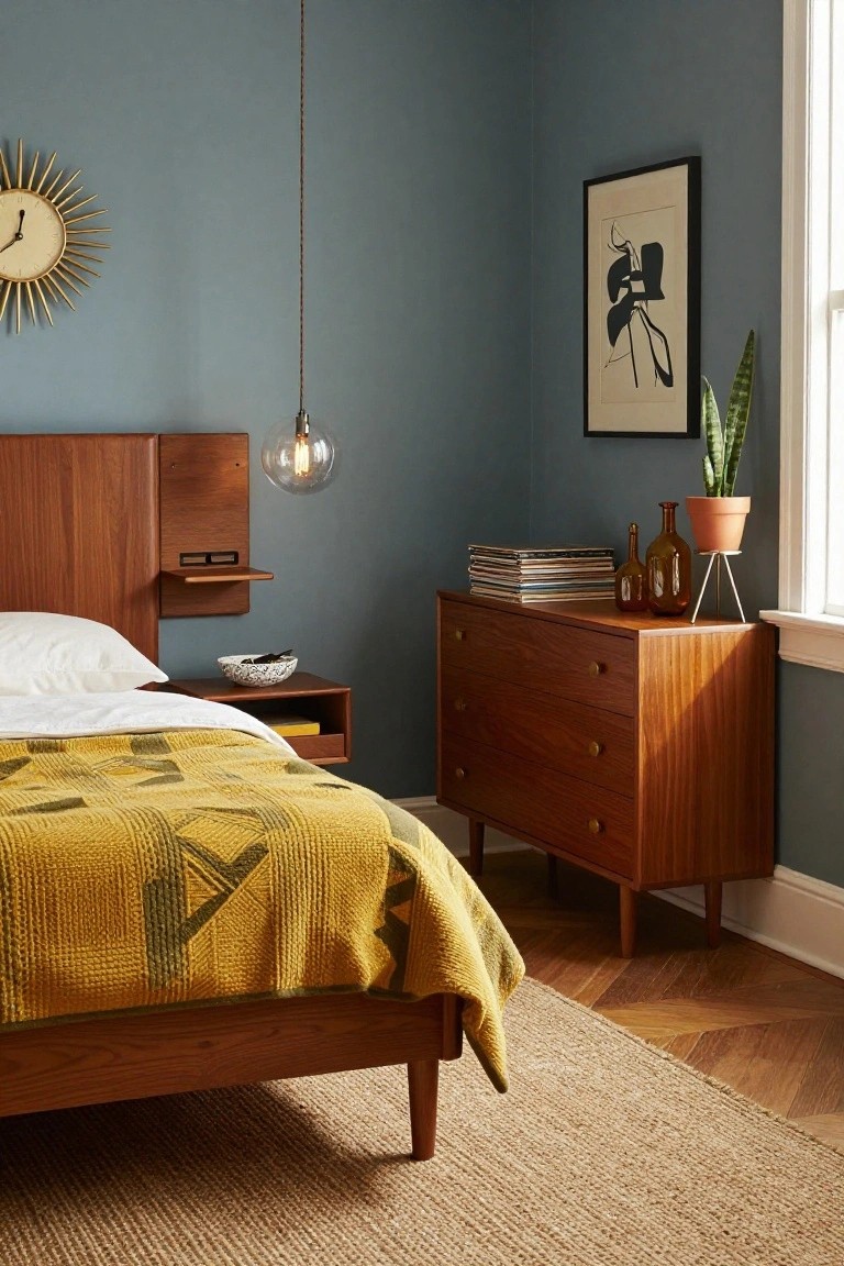 Bedroom corner with teal walls, teak headboard featuring built-in shelf, bed with yellow patchwork quilt and white sheets, matching teak dresser and nightstand, glass pendant light, plants, and clock.
