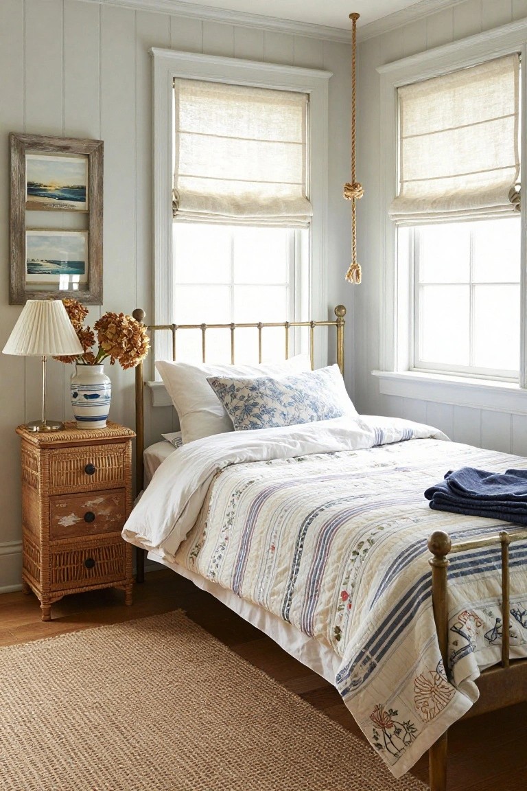 Small bedroom interior with brass single bedframe draped in white and blue floral quilt, rattan nightstand holding lamp and blue vase, linen roman shades on double windows, light gray shiplap walls, and seagrass rug.