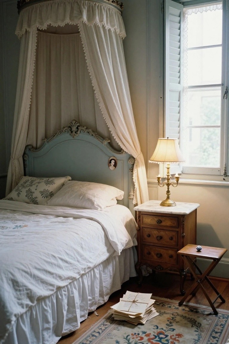 Bedroom interior with a light blue ornate canopy bed draped in white fabric, white bedding, wooden dresser with lamp, small table, stack of papers on floor, and patterned rug.