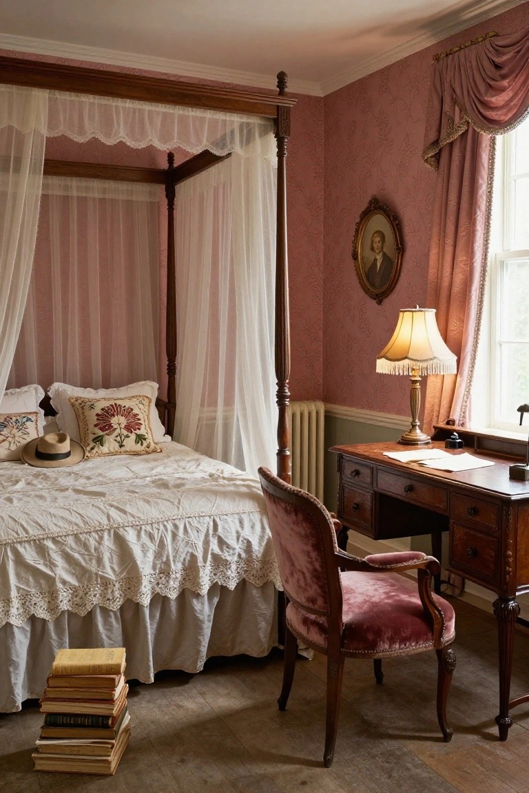 Vintage bedroom interior with wooden four-poster bed draped in sheer white canopy, pink floral wallpaper on walls, pink velvet armchair at wooden desk with fringed lamp, embroidered pillows on bed, straw hat, and stack of old books on wooden floor.