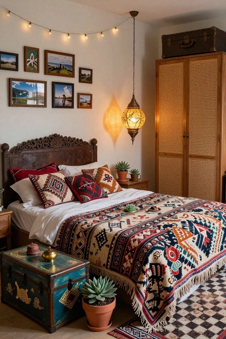 Bedroom with carved wooden headboard, multicolored geometric patterned bedspread and pillows, turquoise painted trunk as side table, rattan wardrobe, potted succulents, and hanging lantern.