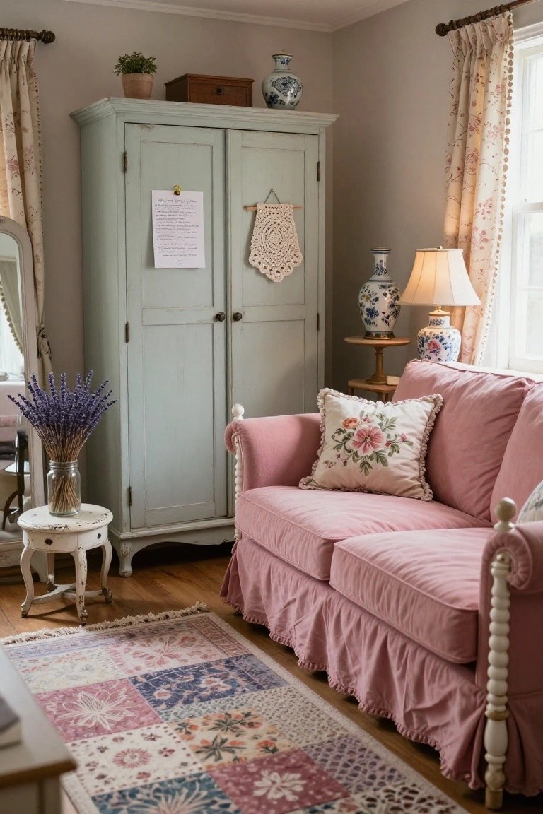 Tall mint green painted armoire with open doors in a cozy bedroom corner next to a blush pink skirted sofa, lavender bouquet on a white stool, eclectic rug, and side tables with blue and white vases.