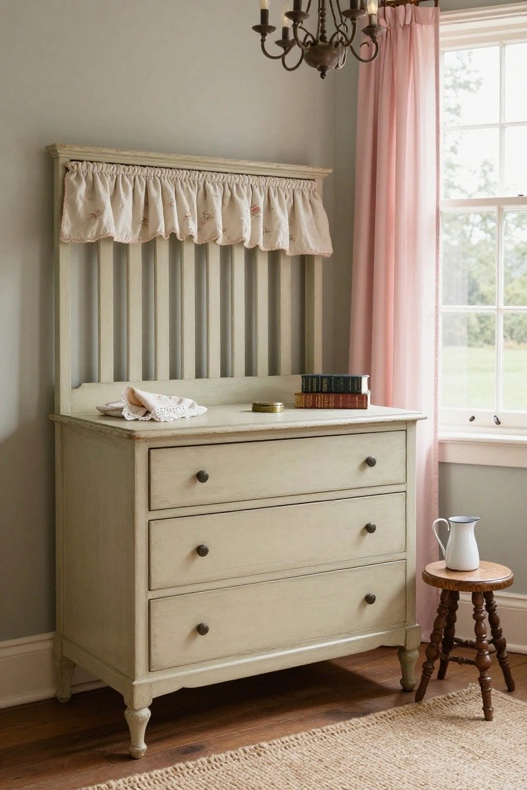 Pale gray painted wooden spindle-back dresser with three drawers, brass knobs, ruffled beige valance on top, cloth on surface, books and pitcher nearby, in bedroom corner with pink curtains on window and stool beside it.