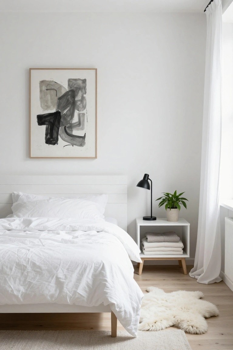Minimalist white bedroom with low white bed covered in rumpled white duvet and pillows, black gooseneck lamp on white nightstand next to potted plant and stacked white linens, abstract black ink artwork on white wall, white curtains, and white sheepskin rug on light wood floor.