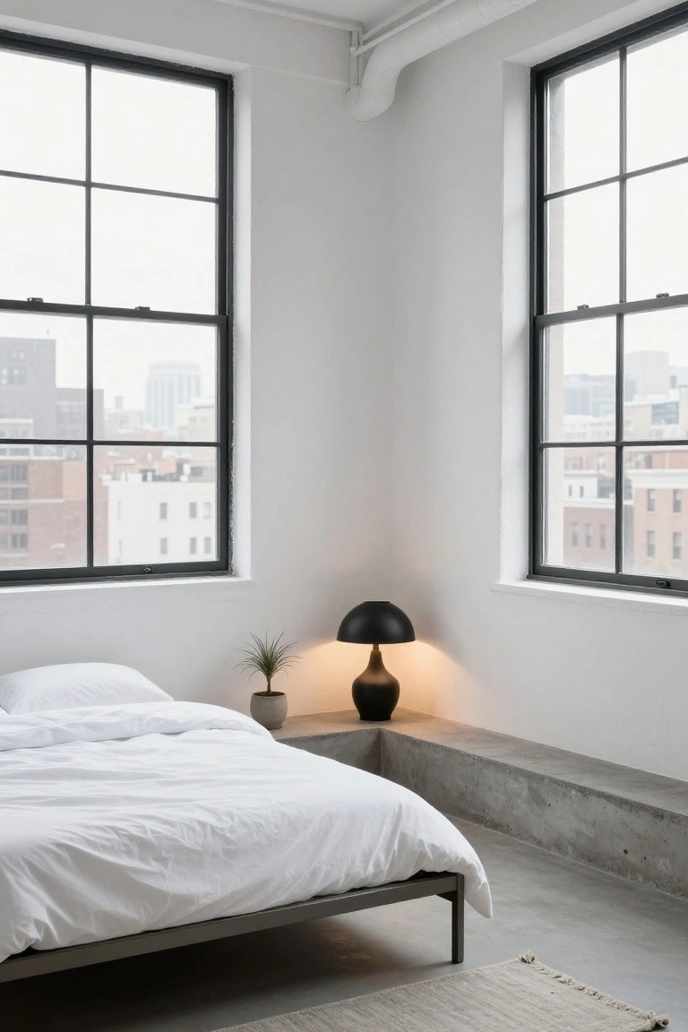 Minimalist white bedroom corner with low bed, concrete bench nightstand topped by black sculptural lamp and potted plant, large black-framed windows showing city skyline.