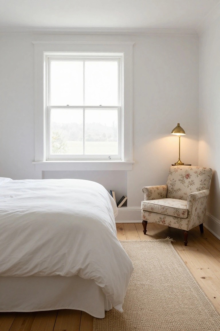 White bedroom with low bed on white linens, built-in shelf holding books, floral-patterned armchair with brass lamp on small table, and large window overlooking fields.
