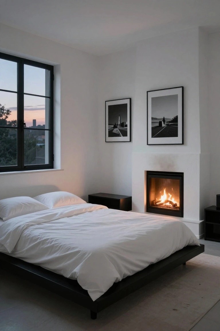 Minimalist white bedroom with low platform bed covered in white linens, modern built-in fireplace with flames, black-framed windows showing trees and sunset skyline, and two black-and-white framed photos on white wall.