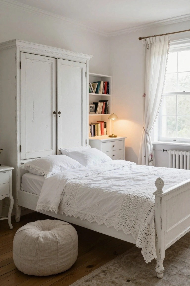 A bright white bedroom with tall double-door armoire, white wooden bed frame draped in white lace quilt and pillows, small white nightstand with lamp, and beige pouf stool on wooden floor near window with sheer curtains.