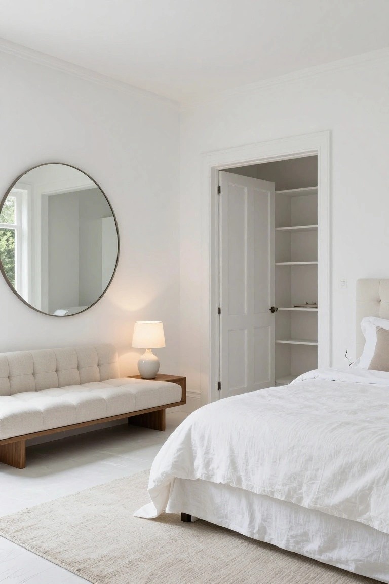 A minimalist white bedroom with an open closet door, large round wall mirror reflecting a window, low beige daybed on wooden base with side table and lamp, and white bed with linens on a light rug.