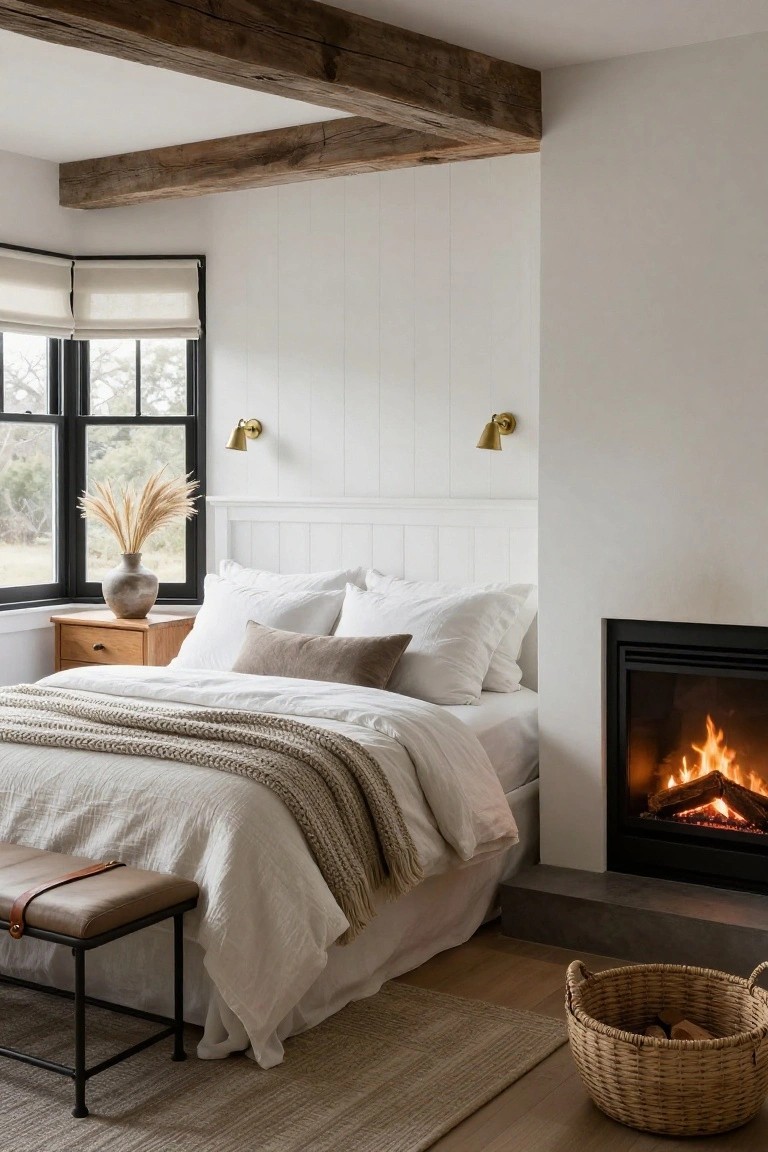 White bedroom with king bed dressed in white sheets and gray throw, exposed dark wooden ceiling beams, black-framed corner windows with linen shades, pampas grass in terracotta pot on wooden nightstand, brass sconces, leather bench, seagrass rug, and gas fireplace with firewood basket.