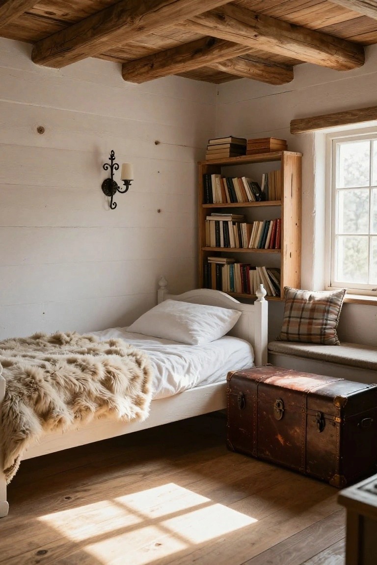 Cozy bedroom with exposed dark wooden ceiling beams, white plank walls, single white bed covered in light fur throw, wooden bookshelves filled with books, window bench, and antique wooden chest at bed foot.