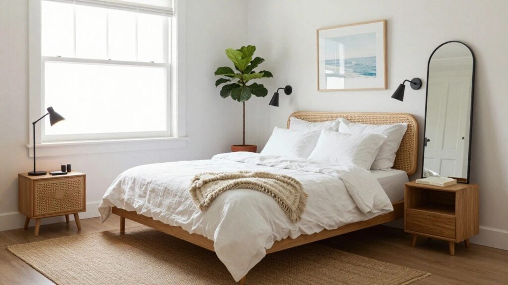 White bedroom with rattan headboard on bed dressed in white linens and cream throw, wood nightstand holding lamp and books, potted plant nearby, arched black mirror, ocean print on wall, seagrass rug on hardwood floor.