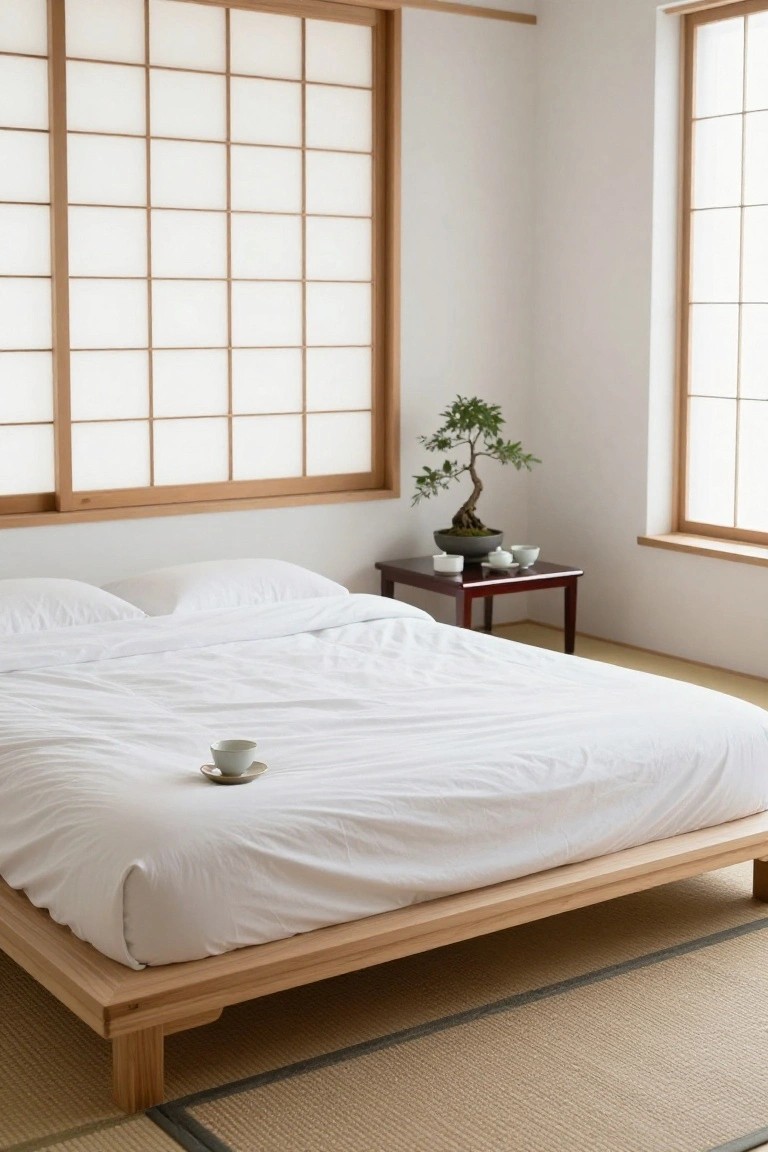 A minimalist white bedroom with shoji screen windows, a low wooden platform bed covered in white sheets and pillows, a small teacup on the bedding, a bonsai tree in a pot on a wooden side table, and tatami-style flooring.