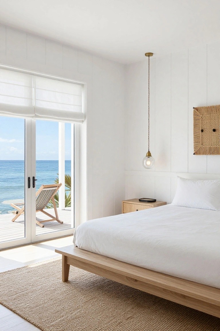 White shiplap paneled bedroom with low light wood platform bed, wooden nightstand, brass pendant light, and large open glass doors to balcony with ocean view, lounge chair, and palm tree.
