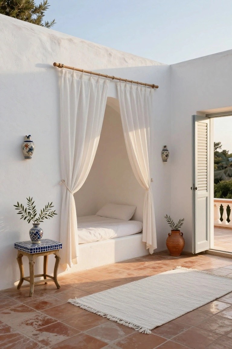 White stucco alcove on a terracotta terrace with sheer draped curtains enclosing a built-in bed, flanked by ceramic lanterns and potted plants, open French doors leading to a balcony railing with trees in the background.