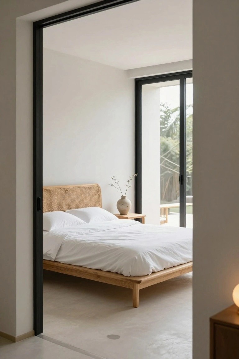 Minimalist bedroom with white walls and polished concrete floor, low wooden platform bed with rattan headboard and white bedding, nightstand holding a vase of branches, and black-framed sliding glass doors to garden view.