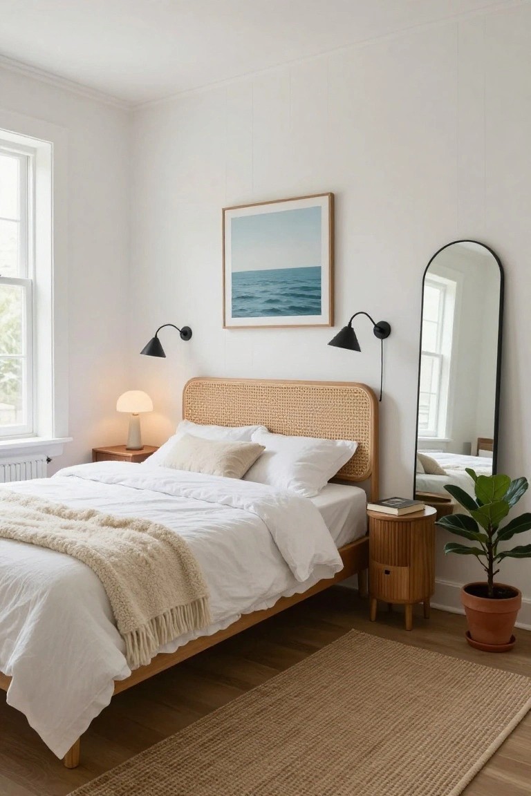 White bedroom with rattan headboard on bed dressed in white linens and cream throw, wood nightstand holding lamp and books, potted plant nearby, arched black mirror, ocean print on wall, seagrass rug on hardwood floor.