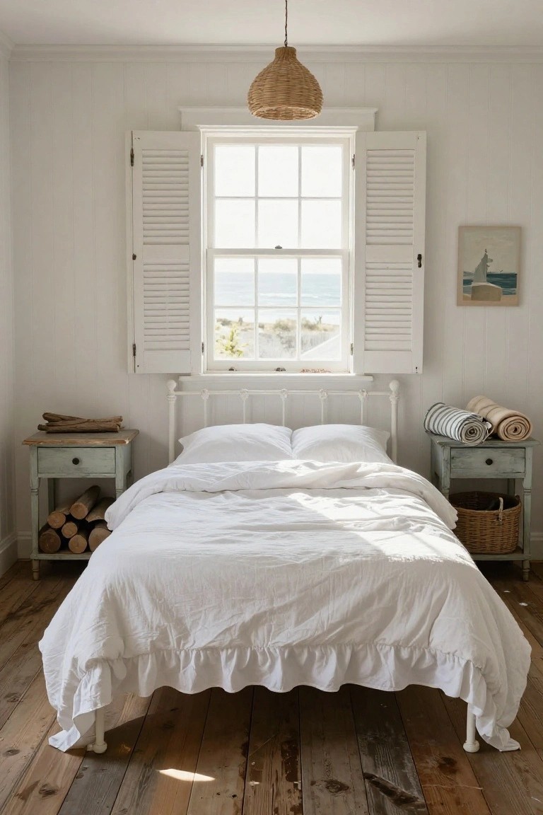 White iron frame bed with ruffled white linens and pillows in a white-walled bedroom, louvered shutters on window overlooking ocean, rattan pendant light overhead, painted wood nightstands with towels and basket, hardwood floors.