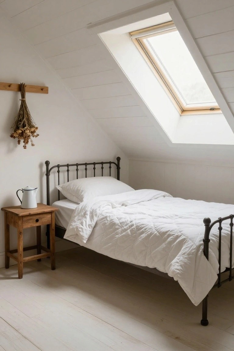 Attic bedroom with white sloped ceilings and skylight, black iron single bed draped in white quilted duvet, wooden bedside table with white enamel teapot, and dried flowers hanging on wall.