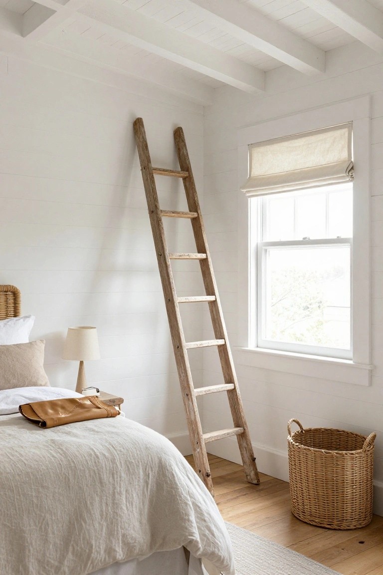 A white bedroom with rattan headboard, white linens on the bed, a tan leather bag, wooden side table with lamp, tall weathered wooden ladder leaning on the wall, window with sheer roman shade, and wicker basket on oak floor.