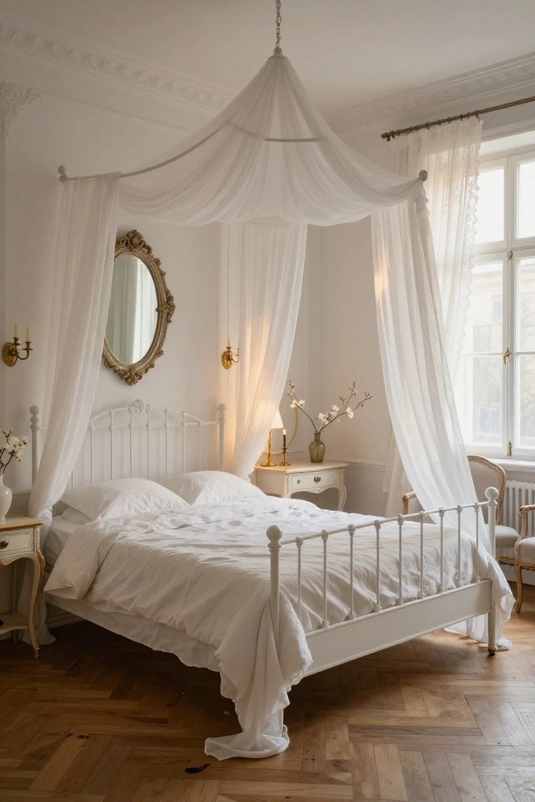 White iron bed with sheer canopy drapes hanging from ceiling in a white bedroom featuring gilded mirror, candle sconces, nightstands with lamps and flowers, sheer window curtains, and parquet floor.