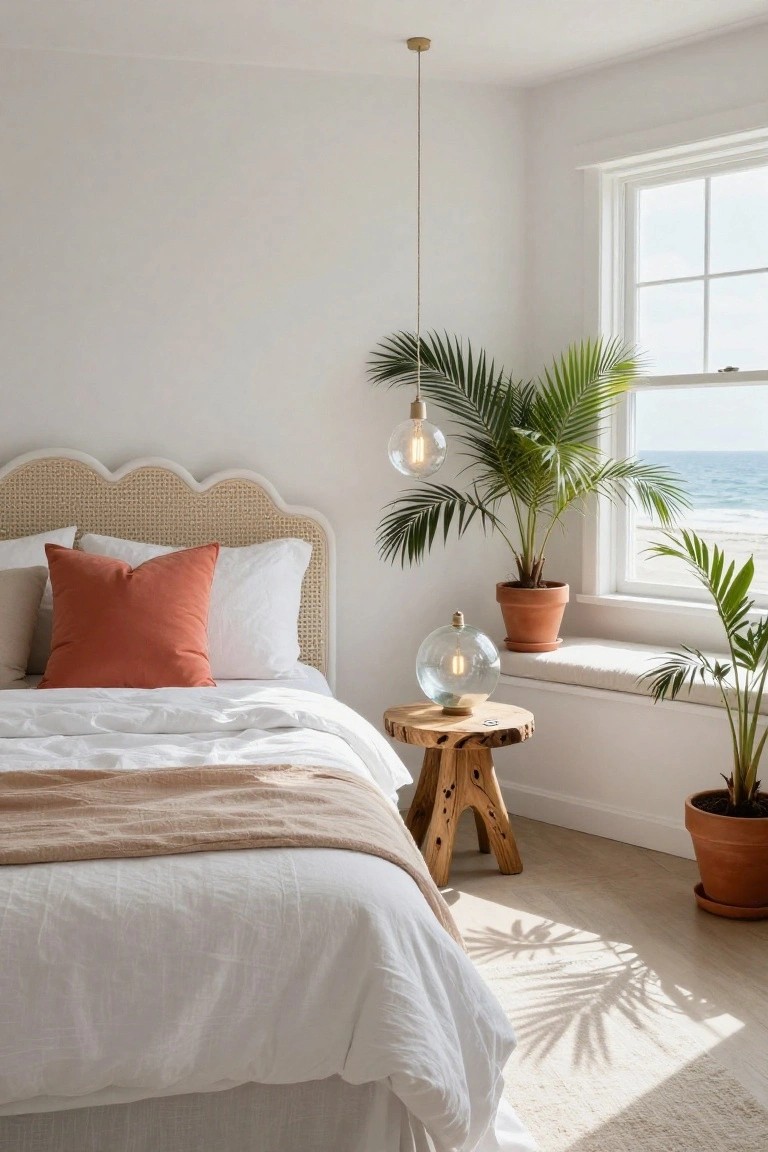 White bedroom with scalloped rattan headboard, orange and beige pillows on white bed with beige throw, potted palm trees near window overlooking ocean, wooden stool holding glass lamp with bulb, beige rug on light wood floor.