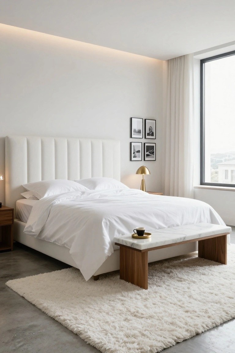 A white bedroom with tufted fabric headboard, white bedding on platform bed, wood nightstand with lamp, marble-top wood bench at bed foot, white rug on concrete floor, large window with sheer curtains, and framed black-and-white photos on wall.