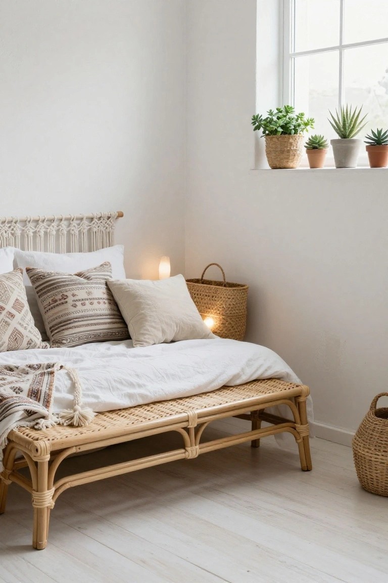 A bright white bedroom with a rattan bed frame, white linens, patterned pillows, macrame headboard, plants on the windowsill, and woven baskets nearby.